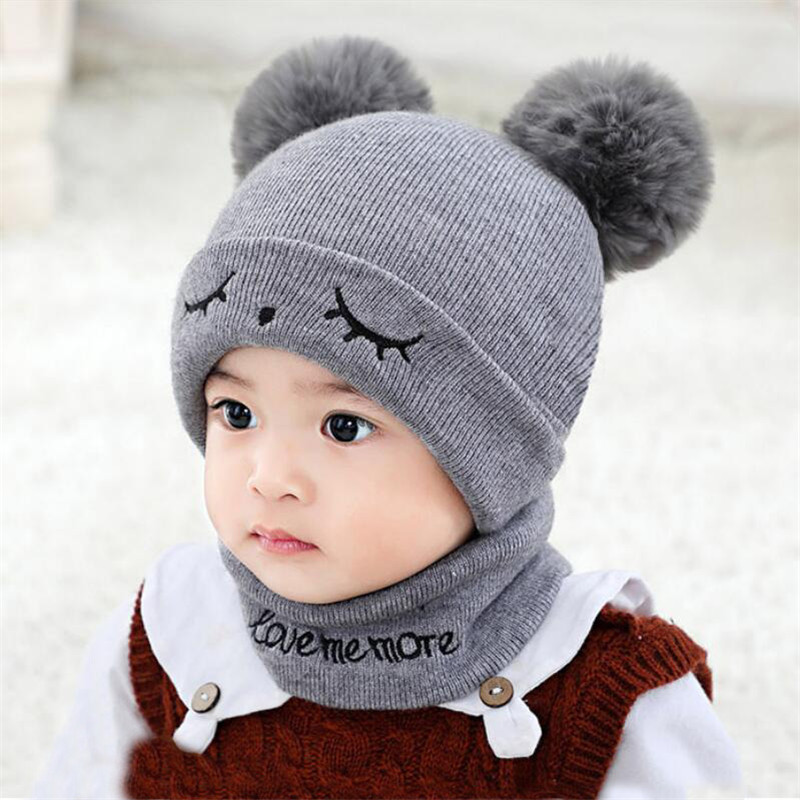 Winter Kinderen Muts Sjaal Set Baby Warm Kint Geribbelde Pom Pom Hoed 2 Peice Set Kind Meisje Jongen Gehoorbescherming brief Cap Ring Sjaals