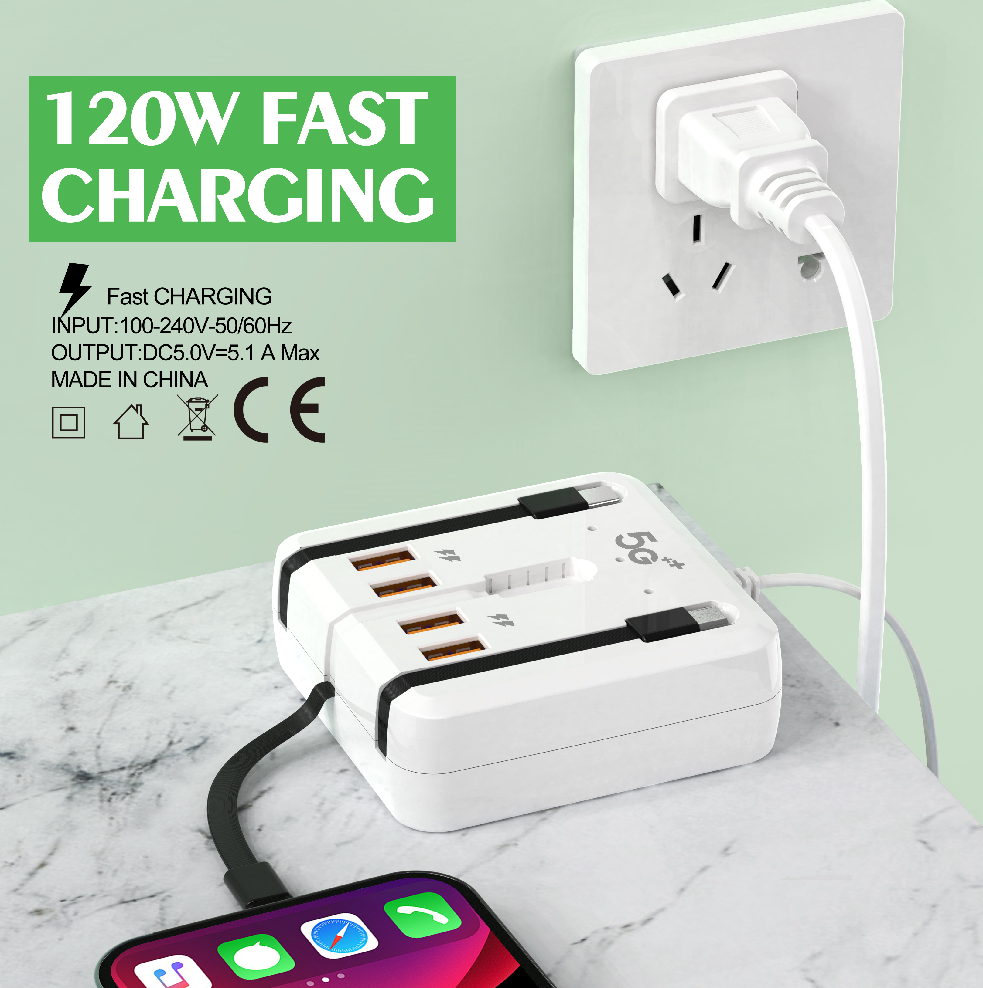 Cargador USB C PD de 4 puertos, estación de carga rápida, tira de alimentación divisora con Cables de carga, adaptador de concentrador USB tipo C, cargadores rápidos