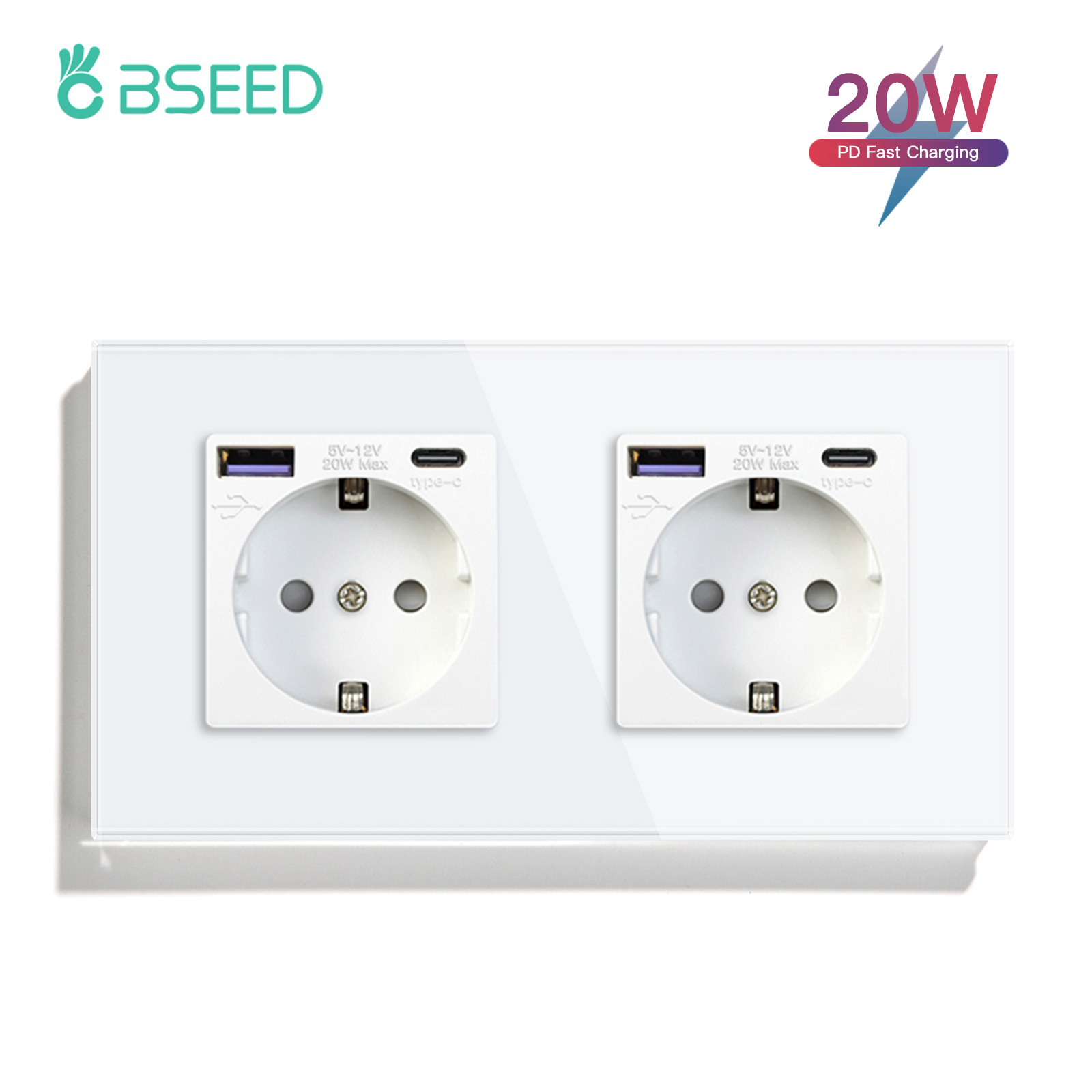 BSEED-Prise murale double standard UE, panneau en verre cristal, 3 couleurs, blanc, noir, doré, 16A, 110V-240V: Type8