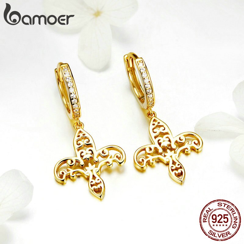 BAMOER Vintage Echt 925 Sterling Silber Iris fleur-de-lis Blume Gold Farbe Frauen Tropfen Ohrringe Ohrringe schmuck SCE535