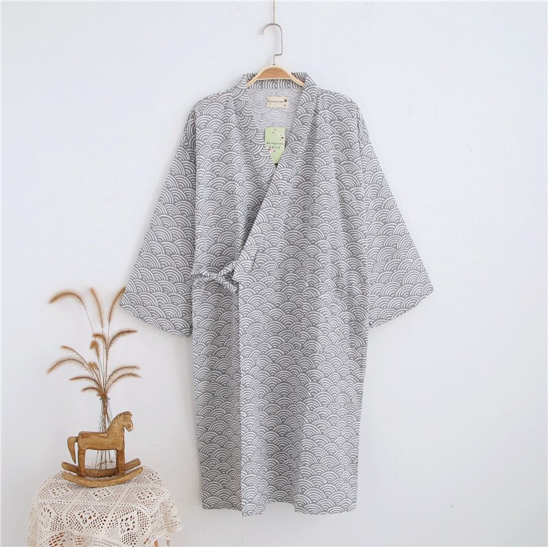 Robes Men Long V-Neck Soft Printed Simple Breathable Summer Seven-quarter Sleeve Japanese Style Robe Mens Cotton Home Clothing: gray / L