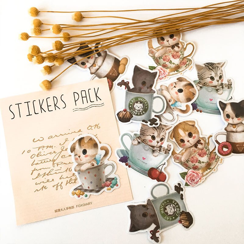 Cartoon kawaii teacup cat stickers DIY scrapbooking journal album happy planner crafts decorative stickers