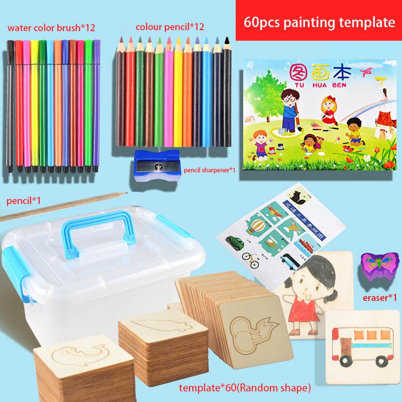 60Pcs Board School Paint Tools Educational Coloring Book Paint Learning Coloring Board Drawing Noard Wooden Drawing toy: 60Pcs Set