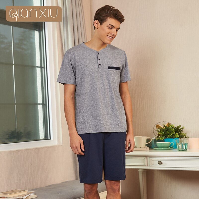 Summer Two-Piece Men Casual Pajama sets soft Cotton Sleepwear suit Men's Baseball collar short sleeve t shirt & Half Pants