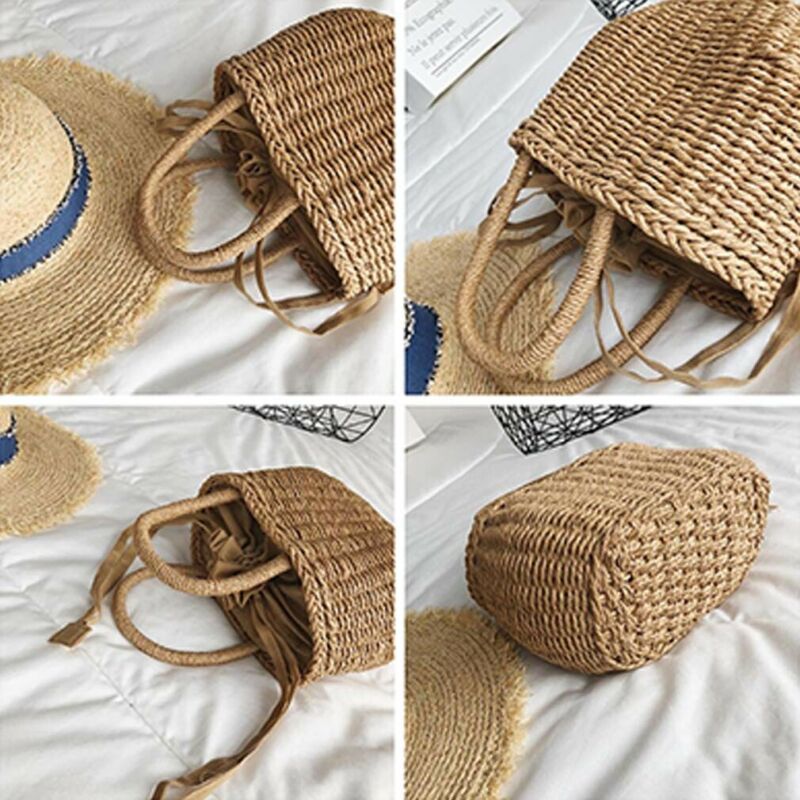 Vrouwen Strozak Geweven Ronde Rotan Handtas Crossbody Zomer Strand Trekkoord Tassen