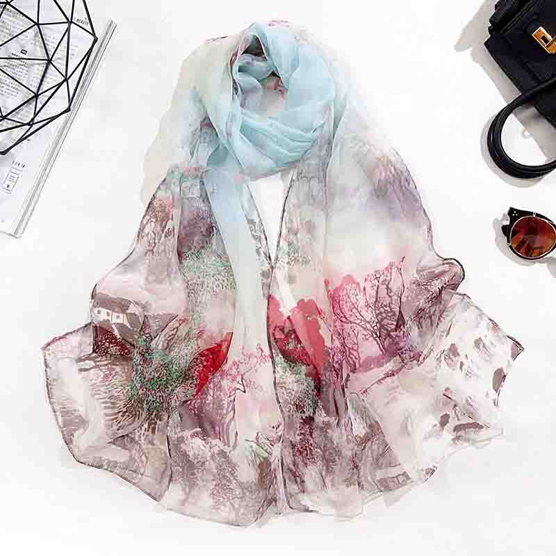 Spring Summer Autumn Women's Thin Silk Scarves Simulation Silk Wild Georgette Gradient Sunscreen Printing Multicolor Scarf A51: landscape blue