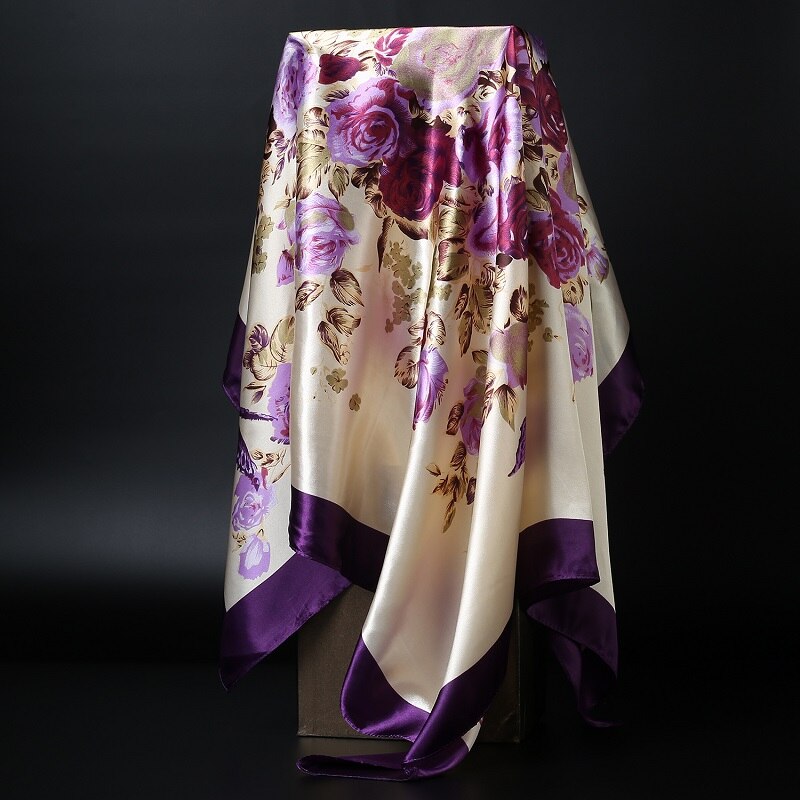 Print Sjaals Voor Vrouwen Zijde Satijn Hoofddoek Hoofddoek Vrouwelijke 90*90 Cm Vierkante Sjaals En Wraps Hijab sjaals Voor Dames: Paars
