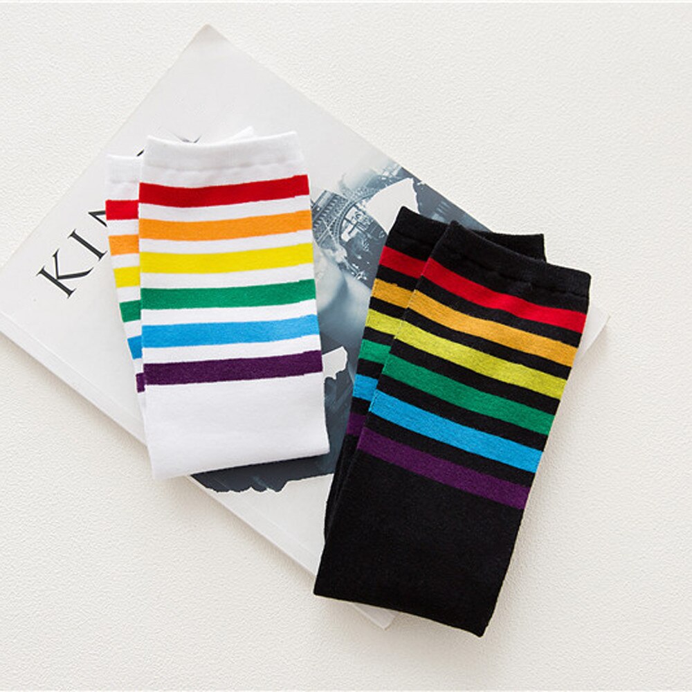 Knee High Socks Novelty 1pair Thigh High Socks Over Knee Rainbow Stripe Girls Football Socks Black White Высокие Носки