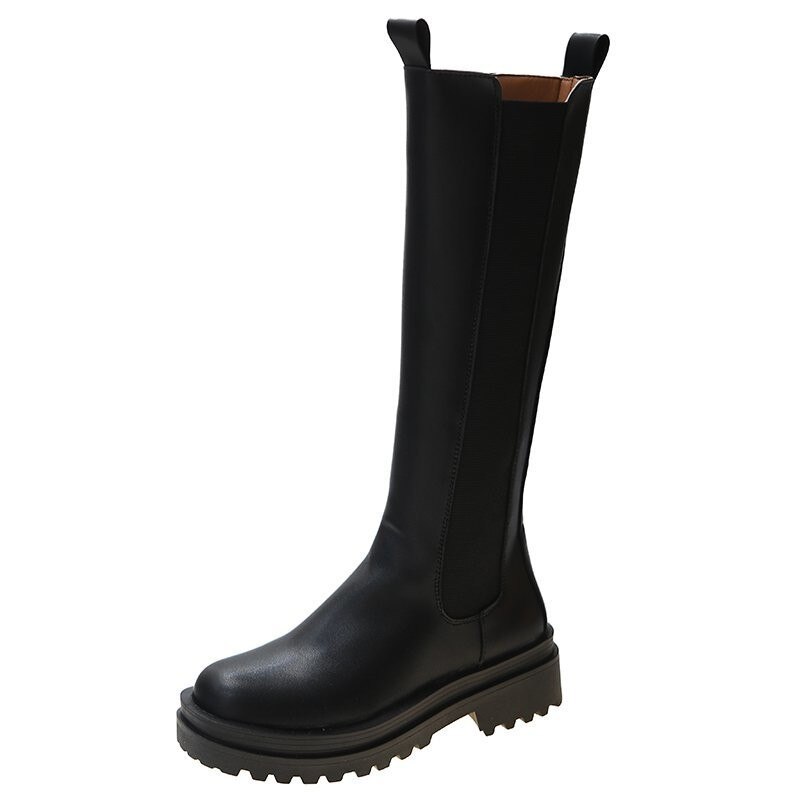 Pu läder plattform knähöga stövlar kvinnor svarta chunky långa chelsea boots kvinna slip on höst bota feminina