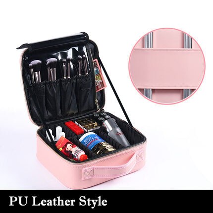 Kvinner merke makeup case full kosmetisk veske arrangør skinn skjønnhet manikyr reise sminke koffert: En stilrosa