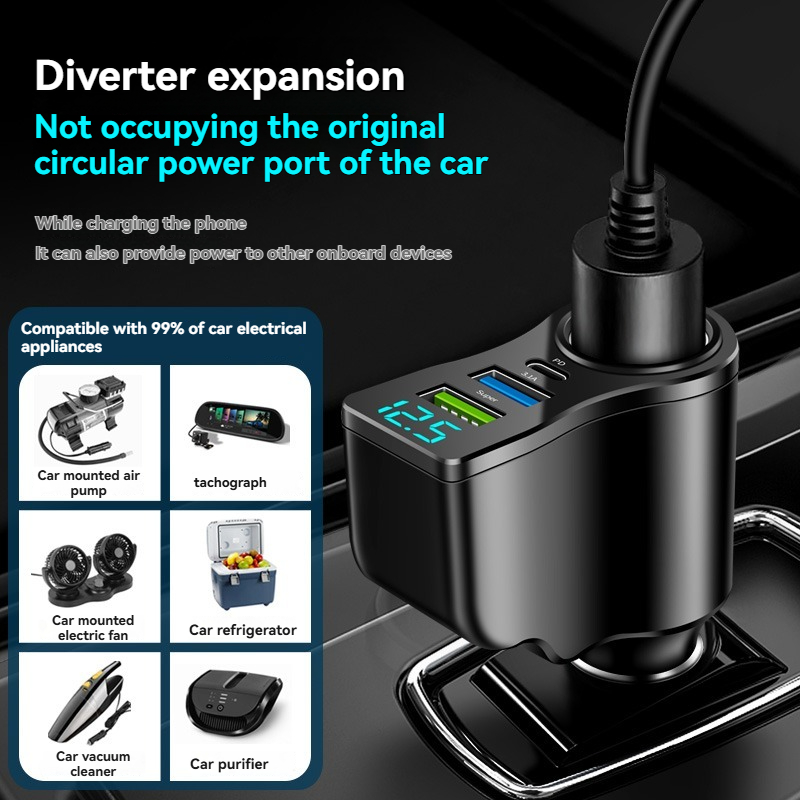 4-in-1-Multi-USB-Autoadapter, Steckdosenverteiler mit 2 USB-Anschlüssen, 12 V/24 V Dual USB Plus Typ-C PD Schnellladeadapter