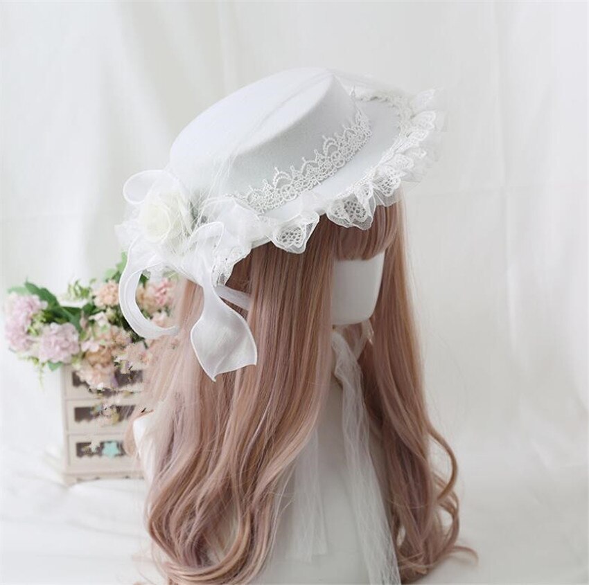 Retro Meisje Lolita Kant Bloem Roos Hoed Prachtige Elegante Thee Party Platte Cap Gothic Hoed B1747