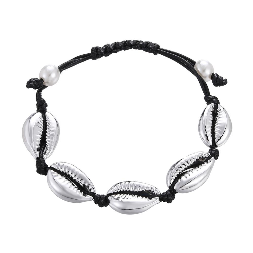 Natural Seashell Hand knit Rope Chain Bracelet Charm Bohemia Jewery Shell Bracelets Women Conch Beaded Strand Bracelets: Imitation Rhodium Plated
