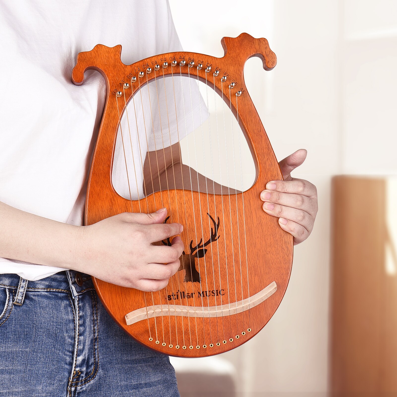 ammoon 16 String Lyre Harp Solid Wood String Instrument with Elk Pattern Storage Bag Tuning Hammer Strings Cleaning Cloth Picks