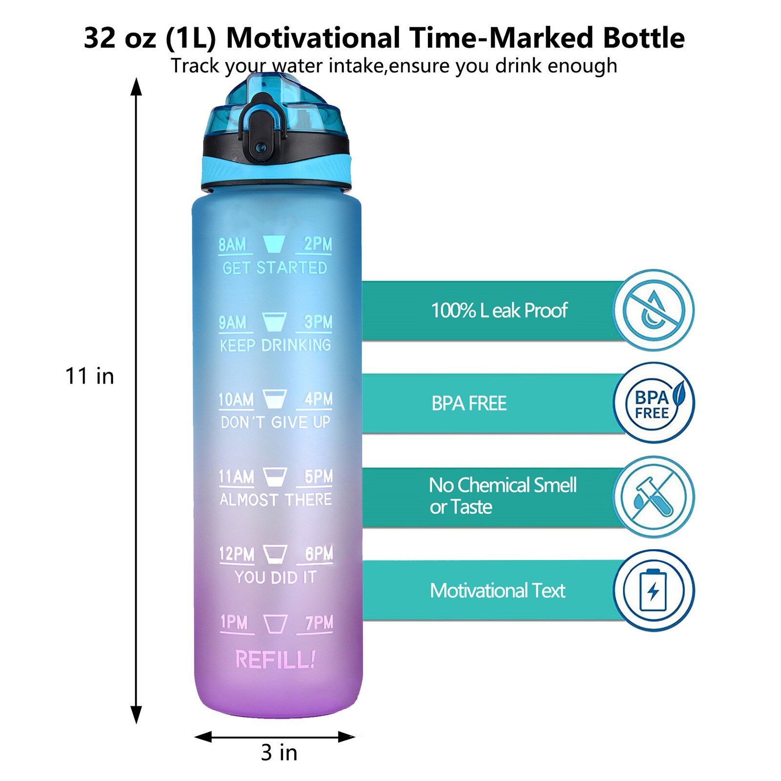 Draagbare Water Flessen Met Stro Tijd Marker 1L Motivatie Water Kruik Bpa-vrij Lekvrij Grote Capaciteit Outdoor Gradiënt