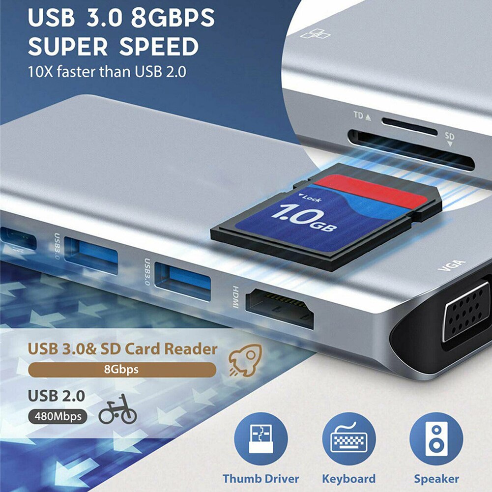 Tipo-c hub 10 em 1 usb c hub multiports adaptador docking station hdmi vga ethernet rj45 lan apto para windows 10/8/7/vista/xp/mac