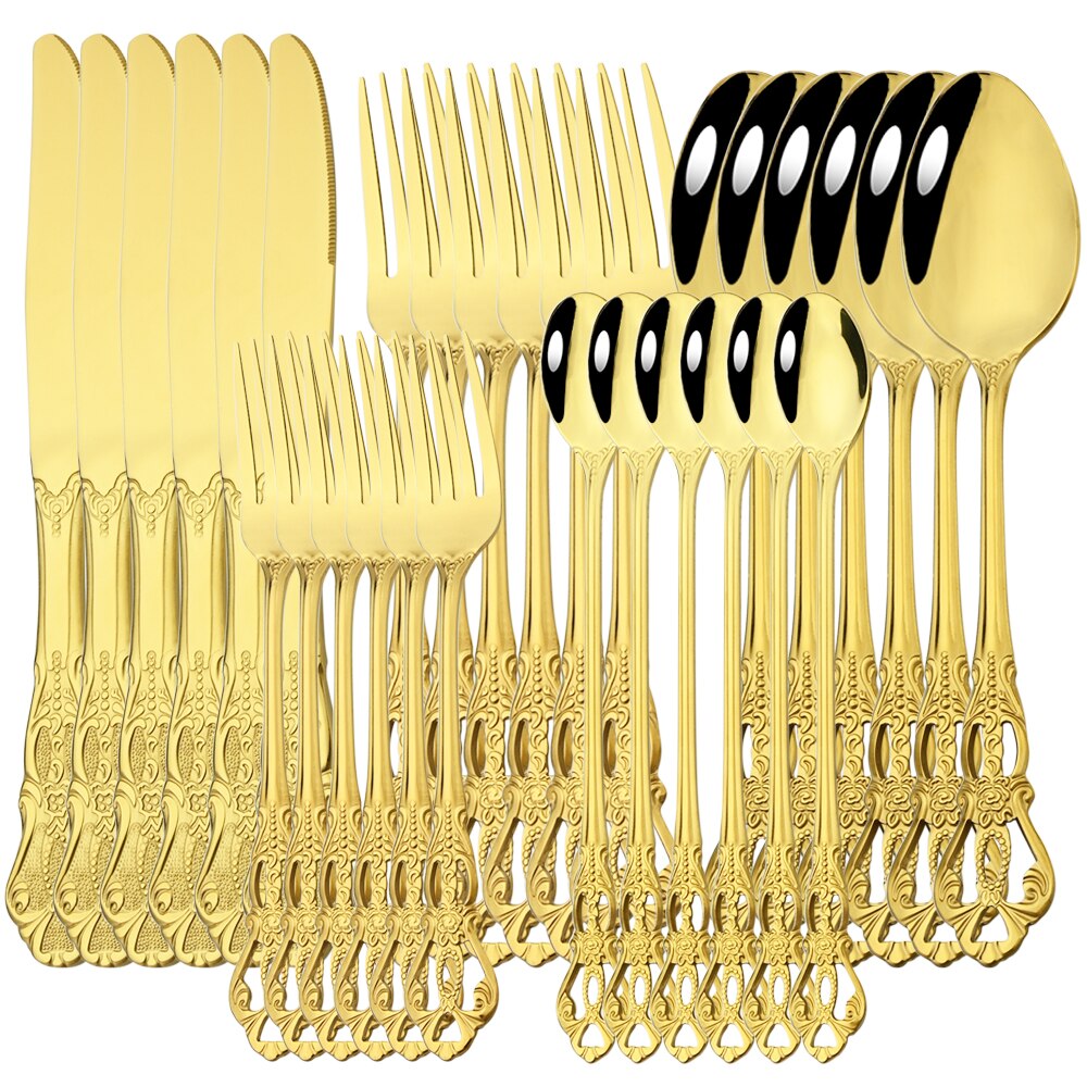 Drmfiy 6/30Pcs Silver Dinnerware Set Knife Dessert Fork Spoon Flatware Stainless Steel Cutlery Kitchen Silverware Tableware Set: 30Pcs Gold