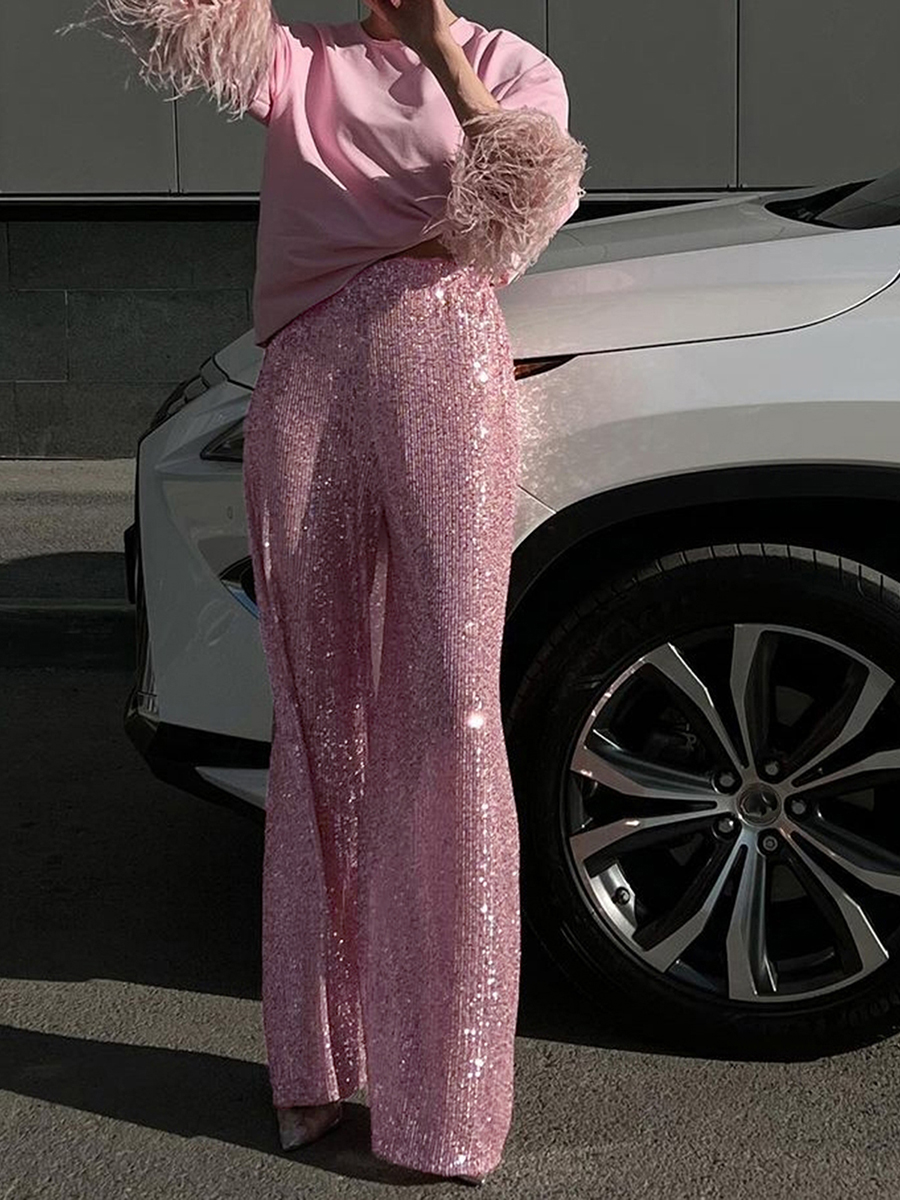 wsevypo Shiny Sequins Wide Leg Pants for Women Casual Loose Elastic High Waist Straight Leg Trousers for Office Streetwear: L / Pink
