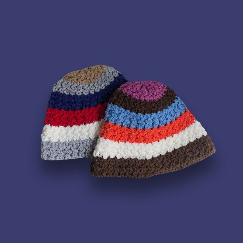 2022 Zomer Mode Regenboog Gestreepte Pot Hoed Japanse Bell-Vormige Hoeden Vrouwen Gehaakte Outdoor Opvouwbare Strand Cap Zomer Gorras