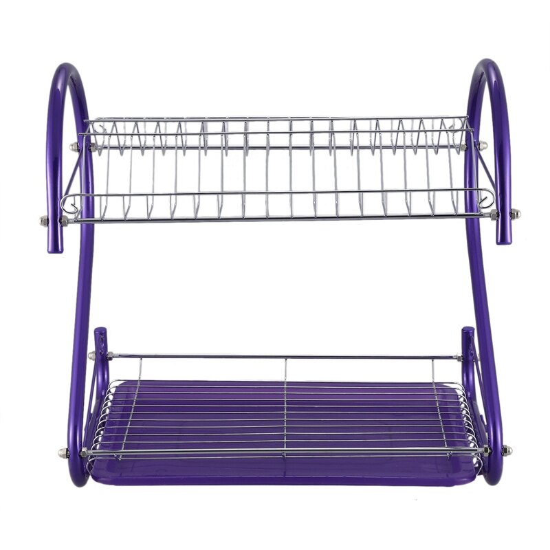 iron 2 Tiers Kitchen Dish Cup Drying Rack Drainer (Color:purple)