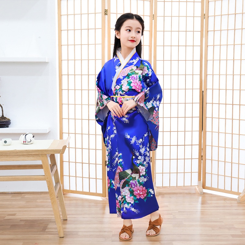 Traditionell kinesisk kimono för barn sidenklänning för barn i ett stycke klänning