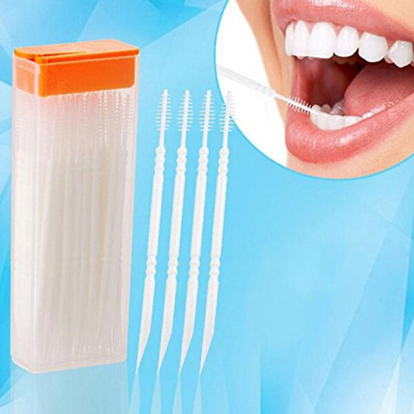 50 Pcs Plastic Toothpicks 2 Way Tooth Picks Interdental Brush Cleaners Portable Box Random Color