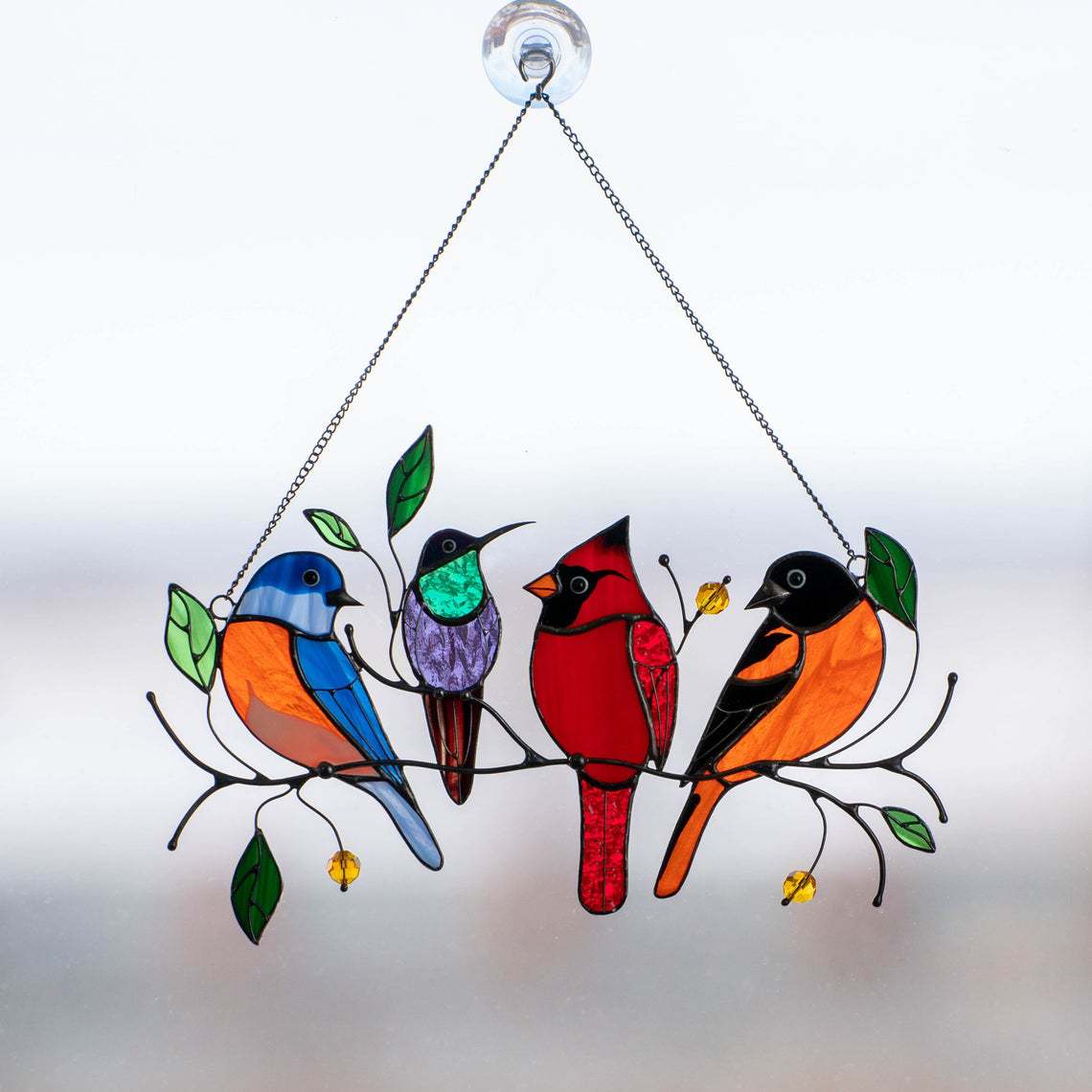 Snailify-múltiples pájaros en un alambre, vitral alto, atrapasol, adorno colgante de ventana