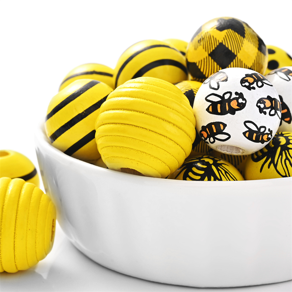 Ensemble de perles décoratives peintes en jaune, jolies perles en bois, perles d'espacement rondes, guirxiété de bricolage, décor de fête exécutif, 10 pièces