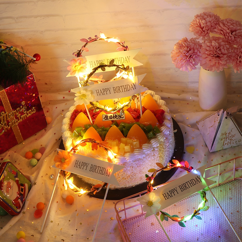 LED Cake Topper Glowing Artificial Garland Cake Topper For Happy Birthday Party Cake Decoration Flower Daisy Year