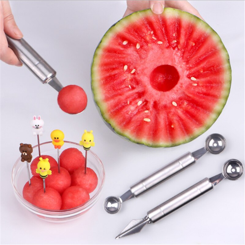 Køkkentilbehør dobbelthoved melon ske udskæring kniv rustfrit stål vandmelon frø grøntsagsskærer form til madlavning .8z