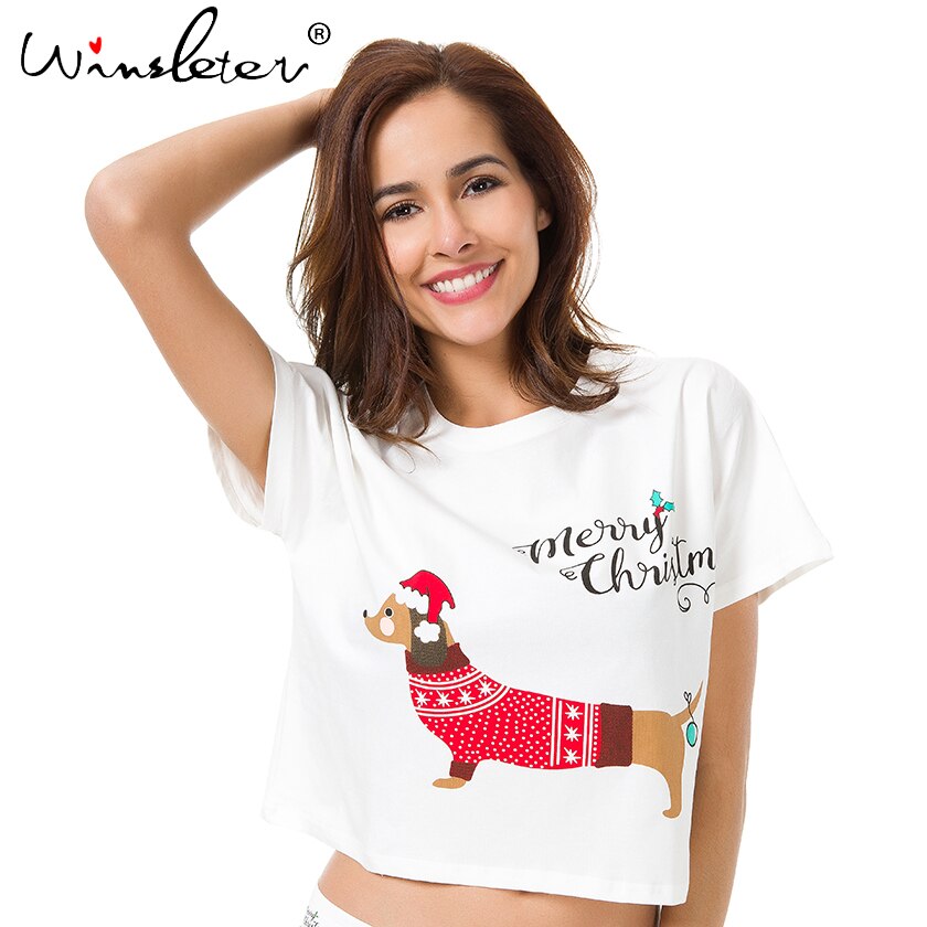 Sleep Top Christmas Dachshund With Santa Hat Dog Print Loose T shirt Women Crop Top Short Top Cotton Pajamas pyjamas T7N001