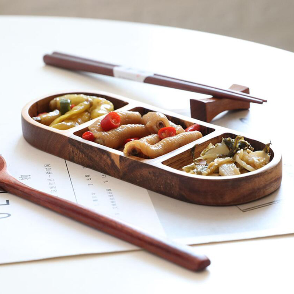 Divided Serving Tray Wooden Snacks Dish Tray For Home Kitchen Dining Room