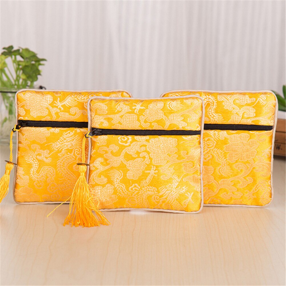 1 stück Chinesischen Stil Quaste Rechteck Reißverschluss Geldbörse Seide Serviette Beutel Tasche Schmuck Halskette Kamm Kosmetik Lagerung Schreibtisch einstellen: Gelb