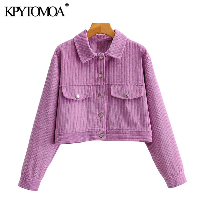 Kpytomoa kvinder løs fløjlsbukser cropped jakke frakke vintage langærmede lommer kvindelige overtøj smarte toppe