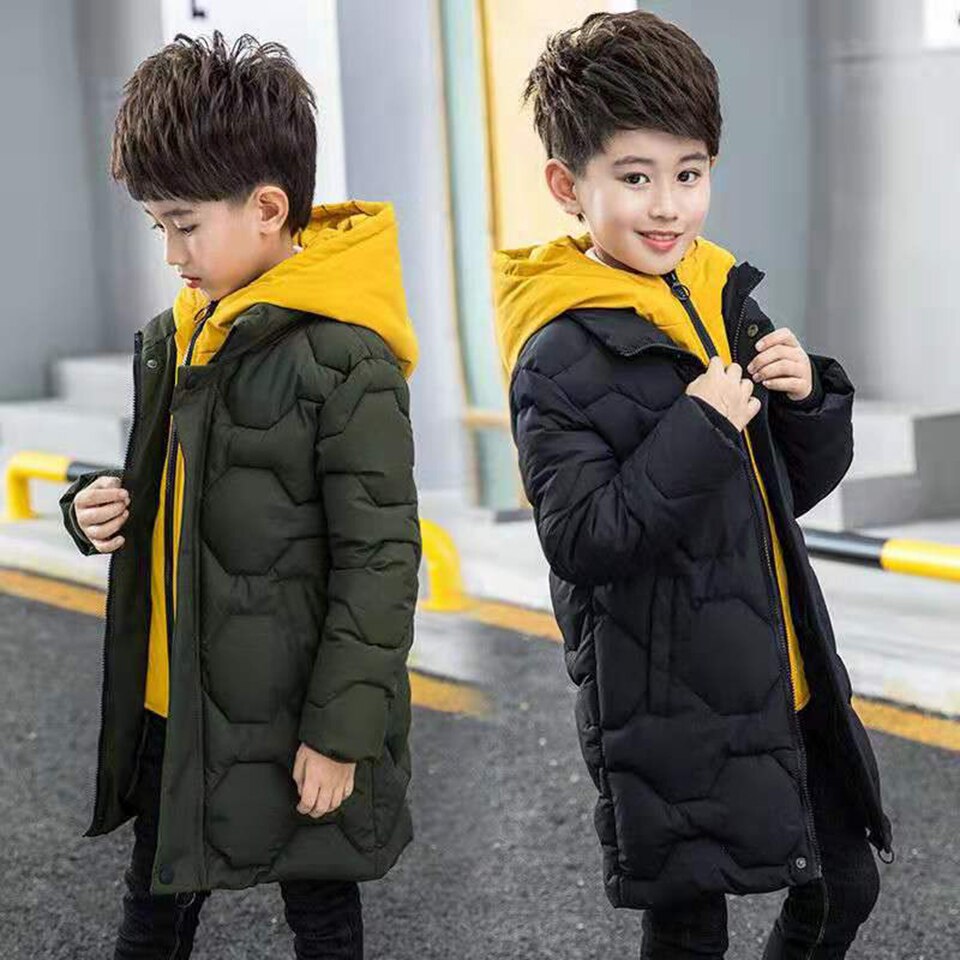 Voor 6 8 10 12 13 Jr Effen Kleur Tiener Jongens Rits Jassen Winter Parka Geel Kleur Hooded Casual warm Jongens Bovenkleding