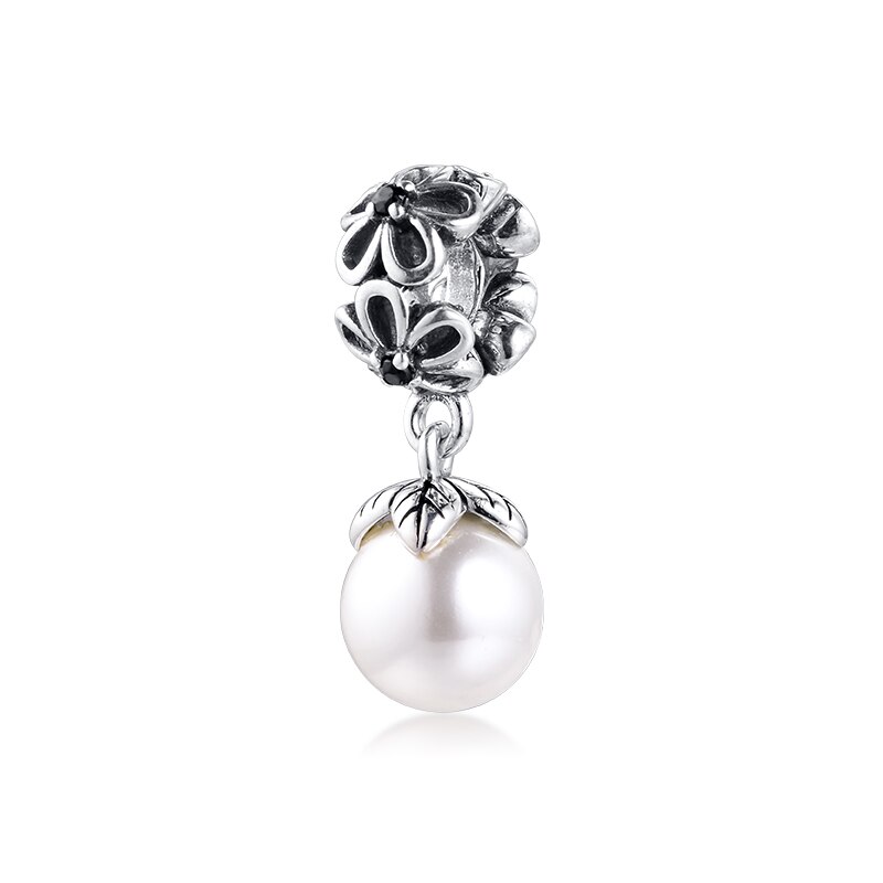 Beads fits for Necklaces Bracelets 100% 925 Sterling-Silver-Jewelry White Pearl Hanging Dangle Charms