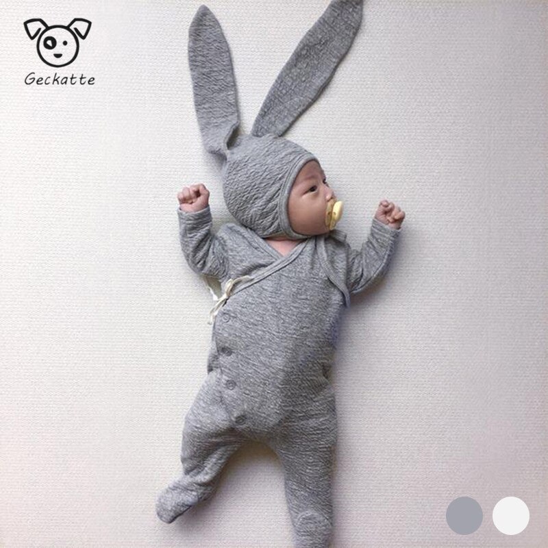 Geckatte Autumn Cute Ear Hat+long Romper Sets Baby Girl Clothes Solid Baby Boy Clothes Born Baby Clothes Babygirl Onesie