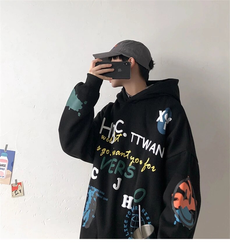 Ropa informal estilo Hip Hop para hombre, sudadera informal holgado de talla grande, sudadera con capucha con estampado de personalidad: Black / XL