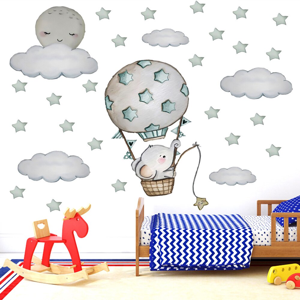 Luftballon vægklistermærker sky måne stjerner pvc tegneserie baby elefant vægklistermærker til børneværelse baby vuggestue værelse dekoration