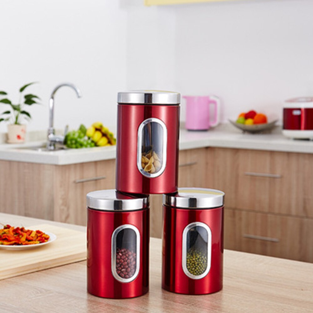 Bocal de rangement en acier inoxydable, pot de rangement en verre de cuisine pour le thé, le café, le sucre, la farine et le café