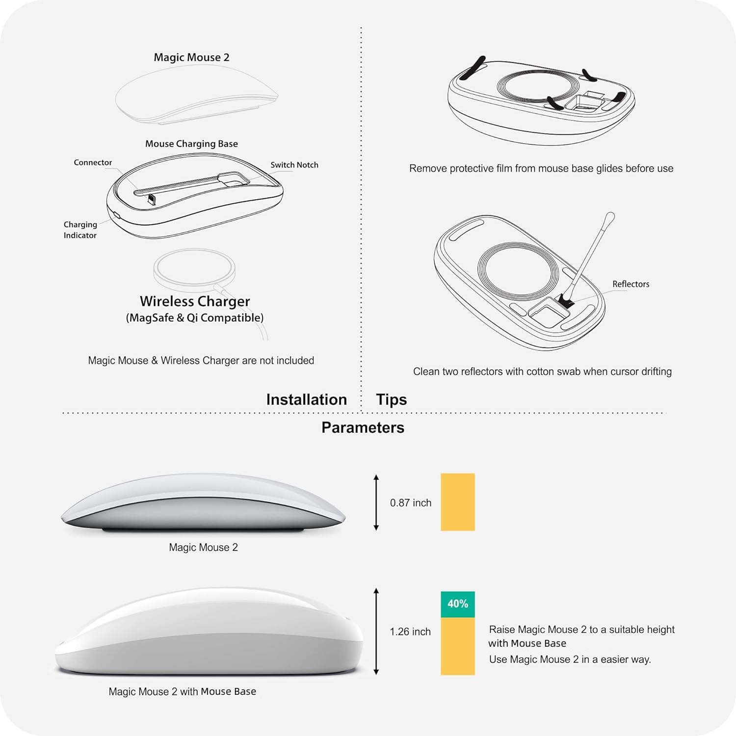 Magic Mouse 2 Grip con soporte de carga inalámbrica, cargador Magic Mouse 2, agarre y Base ergonómicos, accesorios mágicos para Mouse