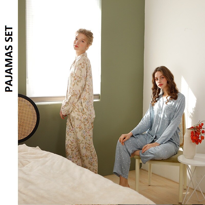 Spring Natural Cotton Pajamas Female Star and Moon Print Pijamas Women Cotton 2 Piece Set Women Huispak Vrouwen