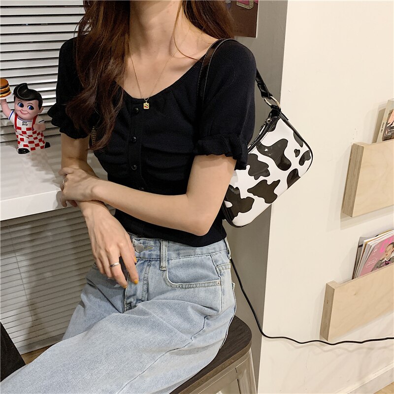 Retro Pu Leer Vrouwen Baguette Schoudertassen Leuke Melk Koe Patroon Dames Onderarm Tassen Meisjes Leuke Purse Bolso Mujer
