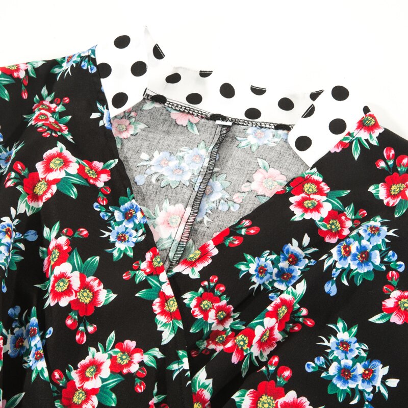 Tonval retro Rockabilly Blumen- drucken Frauen Kleid verrotten Kontrast Hohe Taille EINE Linie Skater Kleider Jahrgang Midi- Polka Punkt Kleid