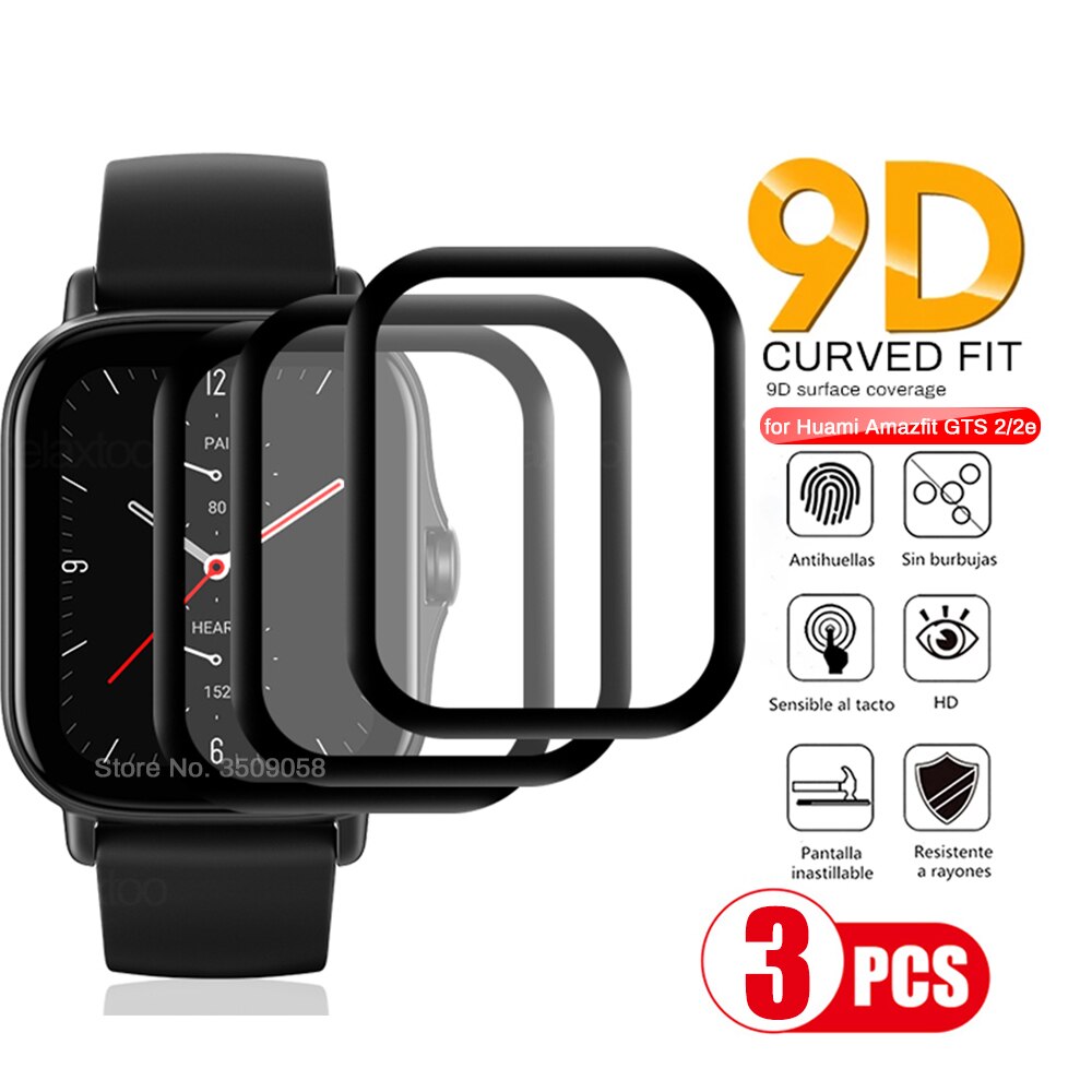 Película protetora curva de fibra de vidro, acessórios para smartwatch huami amazfit gts2 gts2e gts 2 2e, proteção macia de tela para animais de estimação, 3 peças