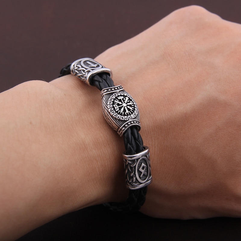 Nordic Amulet Runic Runes Beads Talisman Valknut Vegvisir Compass Trinity Symbols Viking Bracelet Men Women Vikingos Jewelries