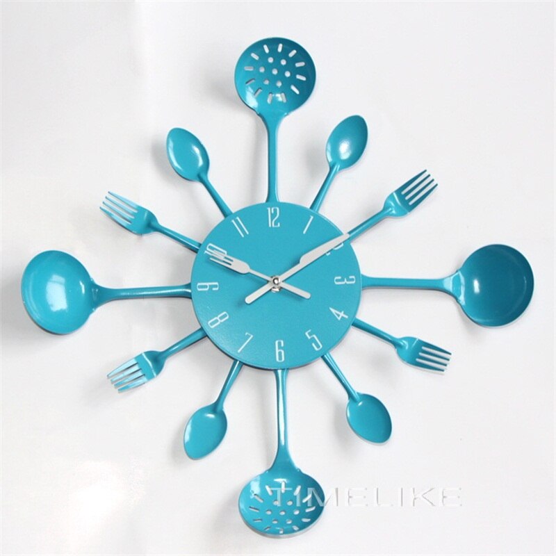 Horloge murale de cuisine en métal | De grande taille, en métal de cuillère à fourchette, horloge murale de cuisine, spécial: Bleu