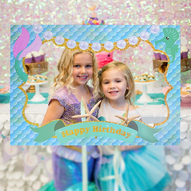 1Pcs Theme Mermaid Happy Birthday Photo Frame Photo Prop Theme Photo Booth Props Frame Baby Shower Kids Birthday Party Supplies