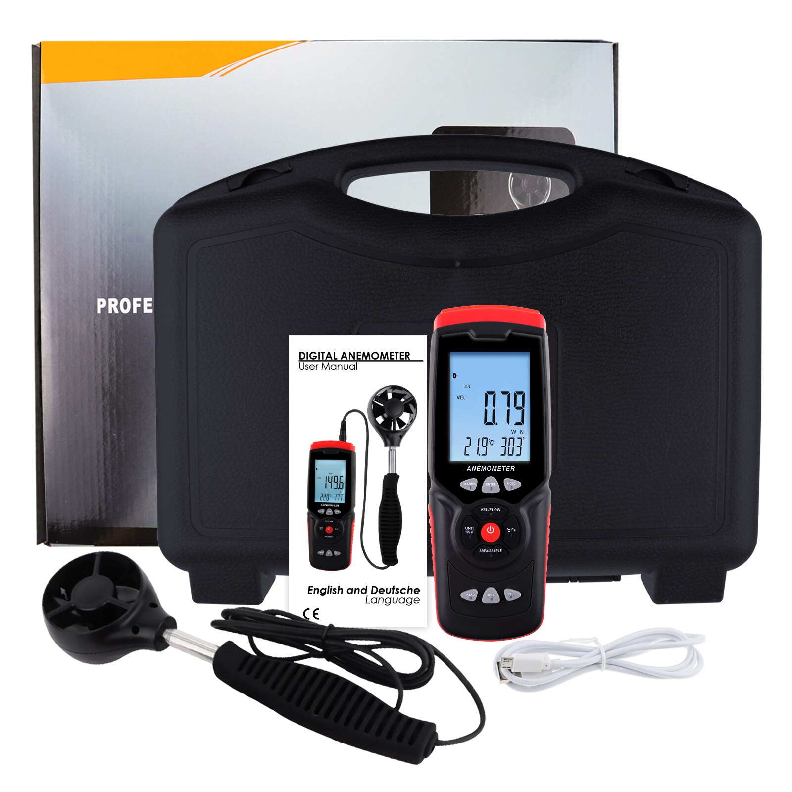 Anemometer Datalogger Sensor Wind Meter Digital Speedometer Air Flow Tester Speed Meter Data Hold &amp; Backlight w/ MAX / MIN / AVG