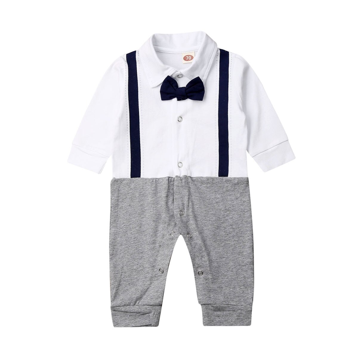 綿長袖パーティーキッズベビーボーイロンパースフォーマル Gentlement 蝶ネクタイ幼児幼児服かわいいサスペンダープリント衣装: グレー / 6m